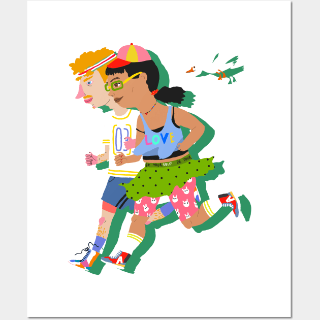 Running couple with bird Wall Art by ezrawsmith